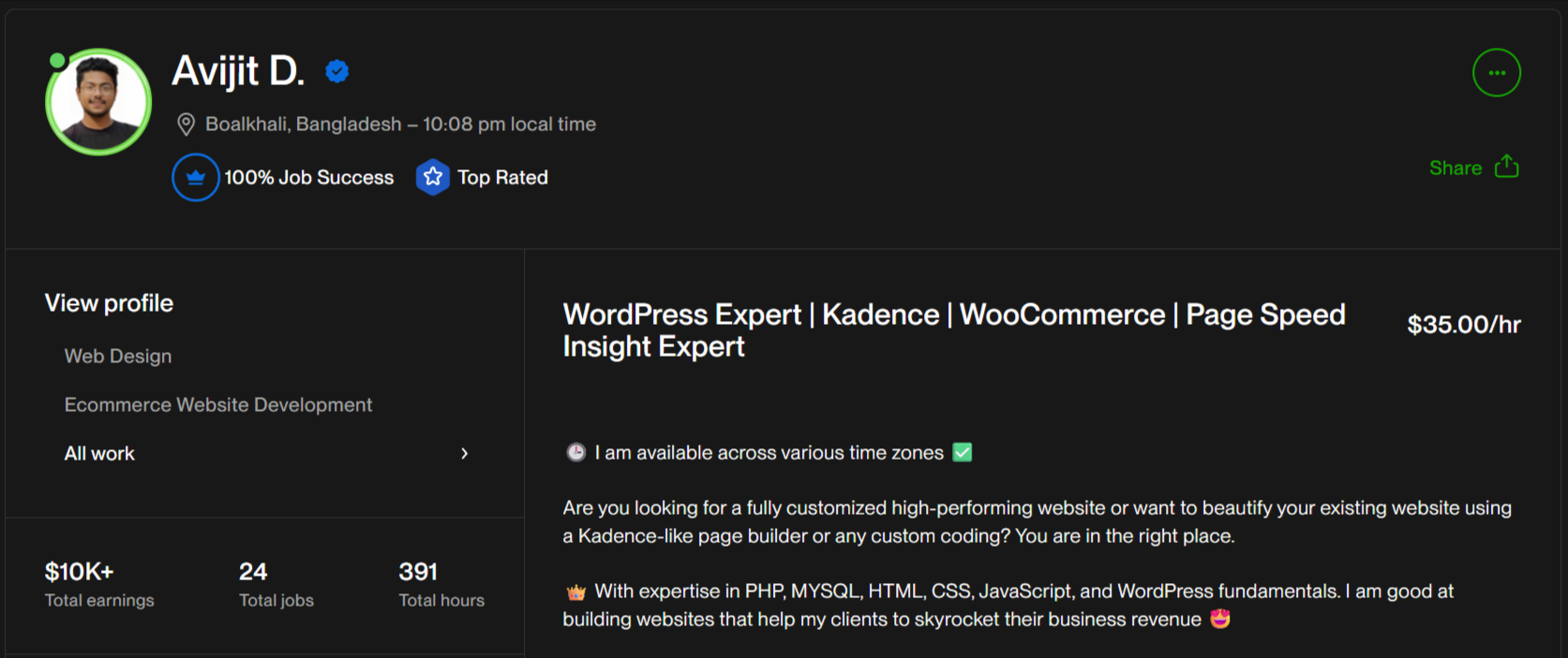 Avijit Datta - WordPress Expert _ Kadence _ WooCommerce _ Page Speed Insight Expert - Upwork Freelancer (3)